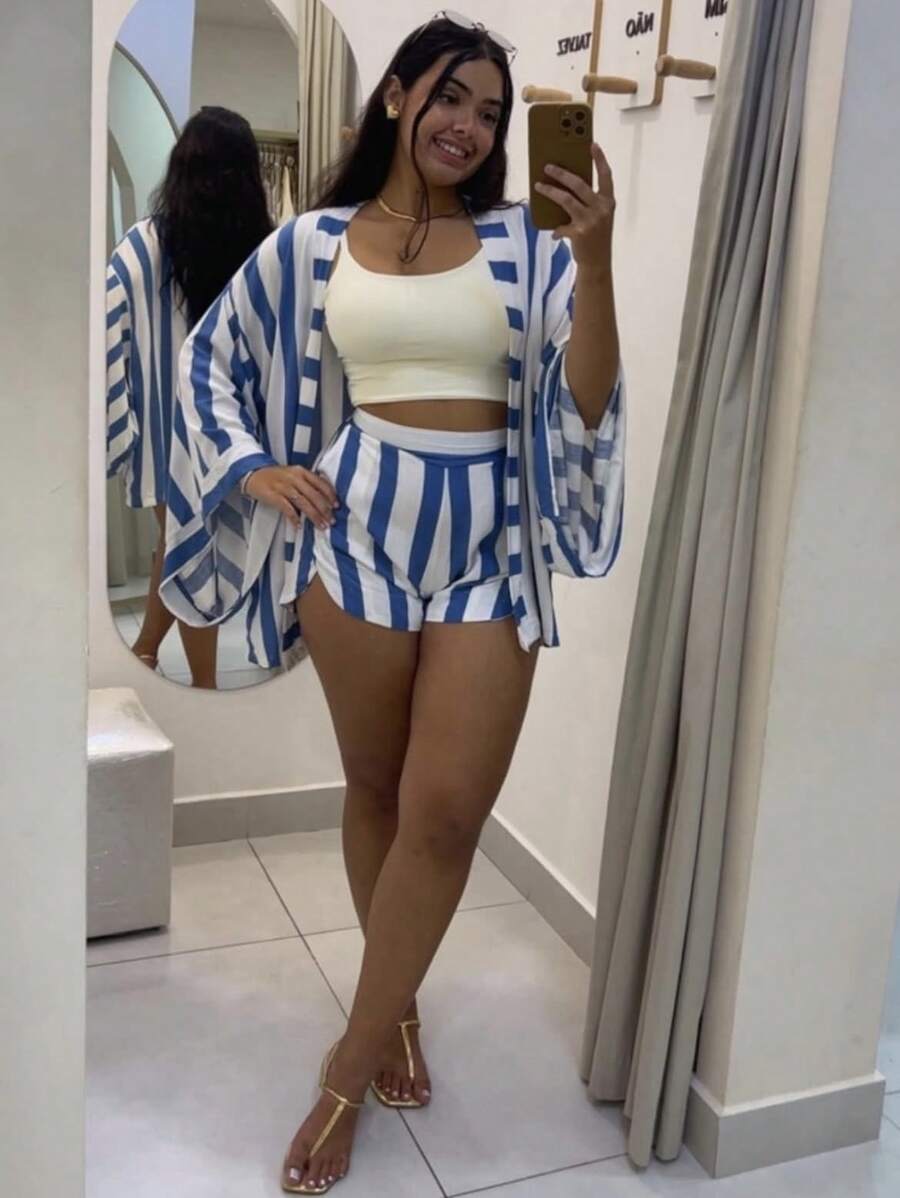 Women's Kimono And Shorts Set - Blue - View 1