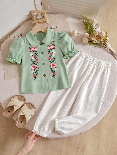 Girls' Sweet Embroidered Puff Sleeve Shirt + White Loose Pants 2 Pieces Set, Suitable For Vacation, Festivals, Outings, And Daily Wear