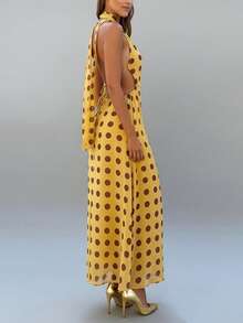 Vestido de mujer con cuello halter, cuello vuelto, estampado de lunares, con lazo en la espalda, vestido de fiesta y bufanda sin espalda, conjunto para club de playa, ropa de calle - Amarillo - Ver 5
