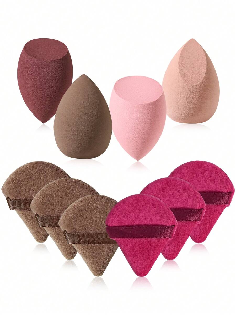 10 pièces Set d'outils de maquillage : 4 éponges de mélange non absorbantes + 6 houppettes triangulaires douces - Utilisation double à sec et humide pour la base et la fixation du maquillage - Multicolore - Voir 1