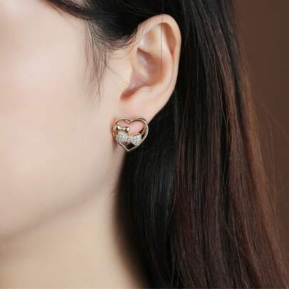 1 Pair Gold Tone CZ Paved Bowknot Double Layer Hollow Heart Stud Earrings Women's Daily Jewelry