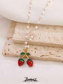 1pc Fashion Stainless Steel Strawberry Charm Pearl Chain Necklace For Women Choker Necklaces Female Jewelry Best Friends Gifts - necklace - View 7