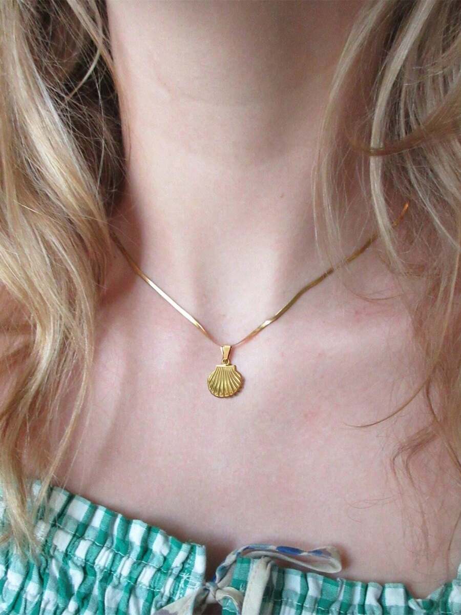 1pc Stainless Steel Waterproof & Fade-Resistant Ocean Beach Shell Pendant Necklace, Suitable For Women's Daily Wear - Shell Flat Snake Chain - View 1