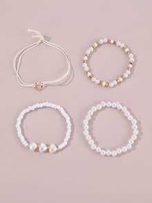 4 chiếc vòng tay cho bé gái, đính ngọc trai, hạt cườm, hoa và trái tim, phụ kiện hàng ngày. - trắng - Xem 6
