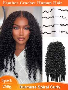 5Packs/250g 3rd-Generation Feather Crochet Human Hair Extension Burmese Curly With Coily End Feather Line Boho Crochet Braids Remy Human Hair Burmese Spiral Curly Seamless Invisible Micro Pre Looped Hair Extension For Thin Hair Woman - Natural Black - View 1