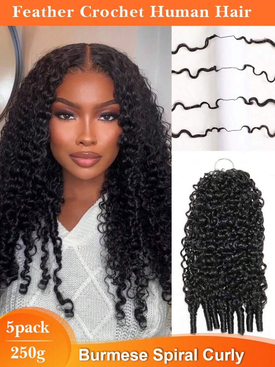 5Packs/250g 3rd-Generation Feather Crochet Human Hair Extension Burmese Curly With Coily End Feather Line Boho Crochet Braids Remy Human Hair Burmese Spiral Curly Seamless Invisible Micro Pre Looped Hair Extension For Thin Hair Woman - Natural Black - View 1