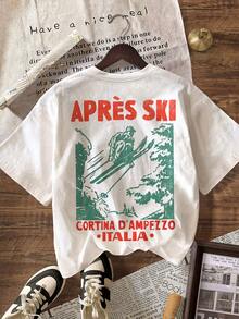 Loose White Graphic T-Shirt, Casual Wear For Women, Italian Style After Skiing - White - View 2