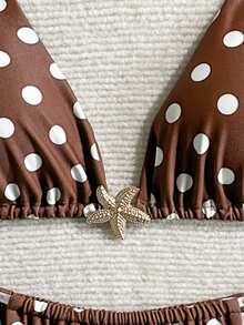 两件套咖啡色波点印花性感优雅比基尼套装，女士休闲泳装，适合约会、派对、夏季、度假、海滩、夜生活等场合。 - 棕色 - 查看 5