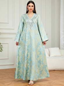 Áo Kaftan dài cổ chữ V thêu đính cườm thanh lịch dành cho nữ, thích hợp cho lễ Eid, mặc hàng ngày, dự tiệc và ở nhà. - màu xanh lá - Xem 1
