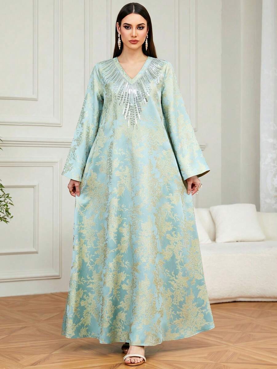 Áo Kaftan dài cổ chữ V thêu đính cườm thanh lịch dành cho nữ, thích hợp cho lễ Eid, mặc hàng ngày, dự tiệc và ở nhà. - màu xanh lá - Xem 1