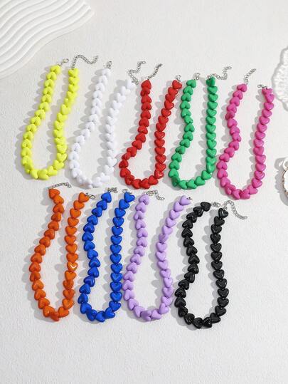 1pc Bohemian Style Acrylic Geometric Plastic Resin Heart-Shaped Knotted Beaded Necklace, Suitable For Holidays And Daily Wear