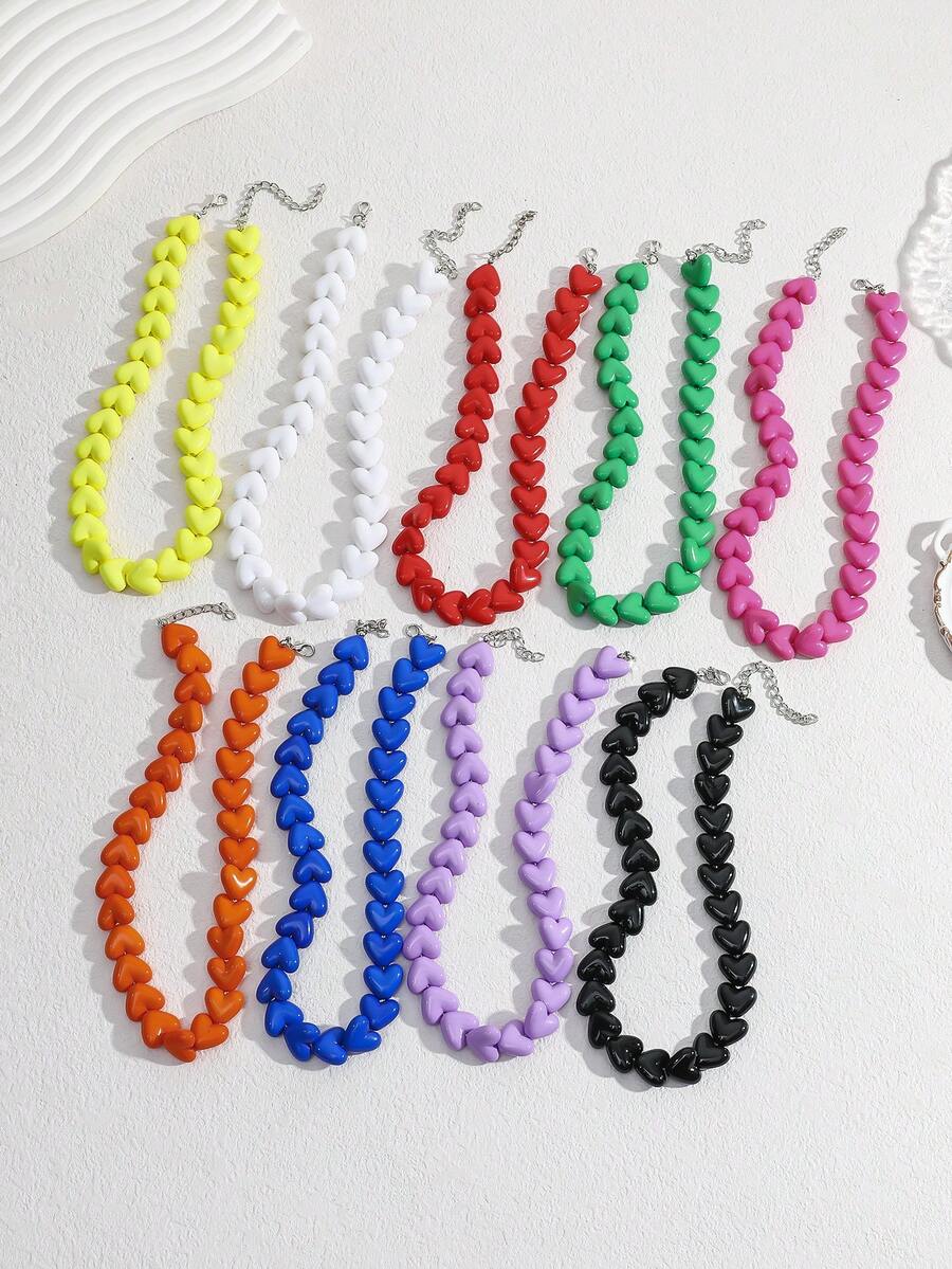 1pc Bohemian Style Acrylic Geometric Plastic Resin Heart-Shaped Knotted Beaded Necklace, Suitable For Holidays And Daily Wear