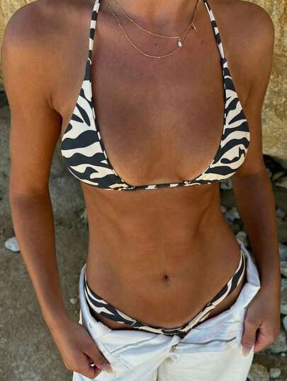 Women's Sexy Elegant Black & White Zebra Print Backless Tie-Up Beach, Party, Date, Stage & Concert Bikini Set Vacation Summer