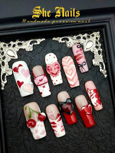 Serie para el Día de San Valentín DIY Uñas acrílicas postizas hechas a mano de 10 piezas con diseños de estilo barroco lindo, punk gótico, metálico brillante y estilo Y2K francés en colores rosa, rojo y blanco, de forma cuadrada larga, con decoraciones en relieve de sobre de amor, cerezas, gato de amor y estampado de labios, adecuadas para fiestas de San Valentín y uso diario para mujeres y niñas, con adhesivo de gel, pegamento para uñas y lima de uñas incluidos.