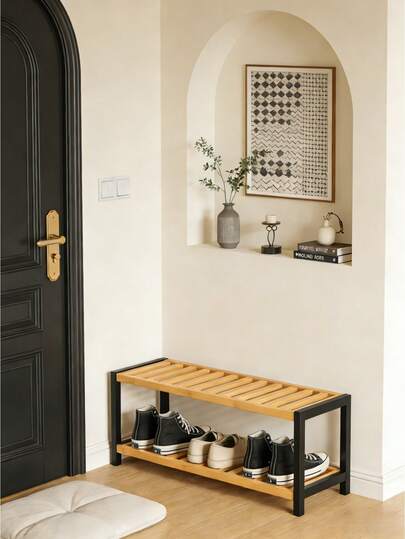 2/3 Tier Wooden & Metal Shoe Rack, Minimalist Shoe Organizer, Economical & Practical Home/Dorm Use, Space-Saving, Easy Assembly, Suitable For Hallway, Entryway