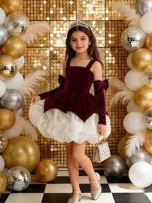 Bộ 2 chiếc váy nhung nơ thiên nga dễ thương thanh lịch cho bé gái có tay áo có thể tháo rời, váy công chúa cho biểu diễn sân khấu, tiệc sinh nhật, giáng sinh, kỳ nghỉ, tiệc tùng, tiệc chiêu đãi - Màu Đỏ Sâu - Xem 4