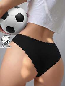 弹性罗纹无缝三角内裤，透气黑色舒适三角裤，波浪边女士内裤，女士夏季内衣 - 黑色 - 查看 2