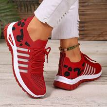 Women's Lightweight Non-Slip Breathable Leopard Print Fabric Lace-Up Low-Top Outdoor Casual Sports Shoes, Spring/Summer - Red - View 1