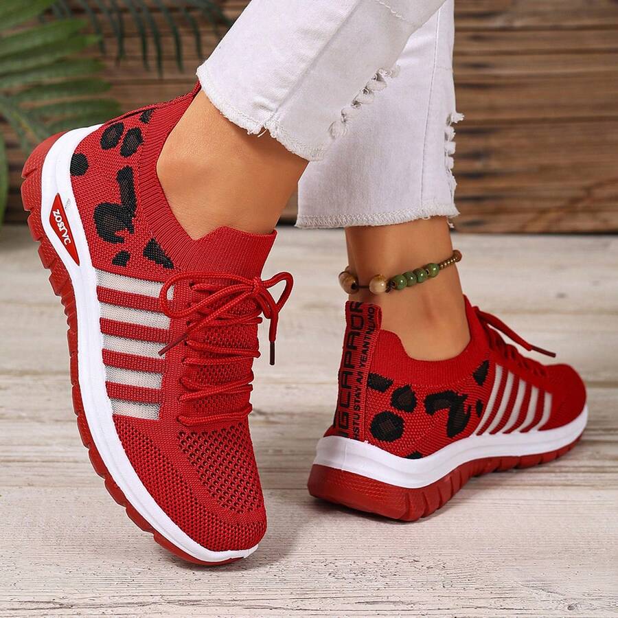Women's Lightweight Non-Slip Breathable Leopard Print Fabric Lace-Up Low-Top Outdoor Casual Sports Shoes, Spring/Summer - Red - View 1