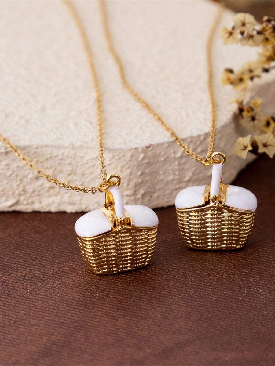 1pc Cute & Elegant Picnic Basket Pendant Necklace, Versatile Daily Wear - Gold - View 1