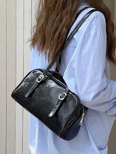 Vintage Black Patent Leather Crossbody Bag With Silver Buckle Detail, Retro Bowling Bag For Women, Y2K Aesthetic Shoulder Purse, Spacious Medium-Sized Handbag For Daily Commute & Casual Outings, Glossy PU Leather Adjustable Strap Tote, Perfect For School, Work & Weekend Errands, Easy To Match With Oversized Shirts & Jeans.