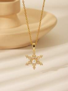 1pc Fashionable High-End Versatile Cubic Zirconia Embedded Minimalist Snowflake Pendant Necklace, Elegant Women's Necklace Decoration Gift, Exquisite Pendant Necklace, Copper Women's Pendant Necklace, Especially Suitable For Christmas - Yellow Gold - View 7