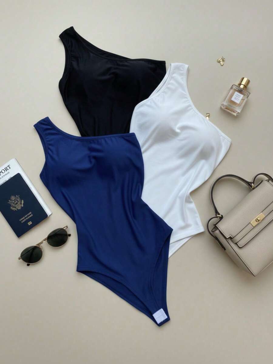 Set Of 3 Women's Bodysuits: One-Shoulder Tank Top With Padding, Supplex Fabric, Gift Set For Birthdays, Christmas, Day/Night, Spring/Summer - P/XANH HOÀNG GIA/TRẮNG - Xem 1
