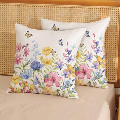2PCS Spring Pillowcase With Colorful Floral And Butterfly Design, Spring And Summer Floral Pillowcase, Country-Style Decorative Linen Cushion Cover, Suitable For Sofa And Indoor/Outdoor Use, Single-Sided Without Pillow Insert
