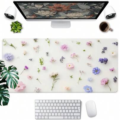 Extra Large Macaron Color Floral Pattern Gaming Mouse Pad | Non-Slip Rubber Base, Stitched Edge, Durable Polyester Material Computer Keyboard Mouse Mat, Suitable For Women Office And Gaming
