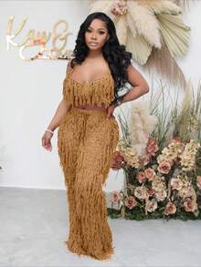 Dopamine Stunning Fashion Slimming Street Party Daily Commuting Sexy Perspective Knitted Hand Hook Fringe Beach Set - 卡其色 - 查看 2
