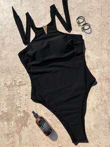 Women's Summer Vacation Series French Elegant Black Spaghetti Strap Metal Decor One-Piece Swimsuit, Mature Style Holiday Swimwear Beach Photo Fashionable Swimsuit Set - Black - View 5
