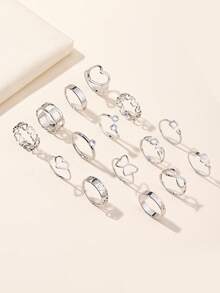15pcs Silver Stainless Steel Butterfly, Diamond, Snake, Heart Shaped Ring Set - Silver - View 2