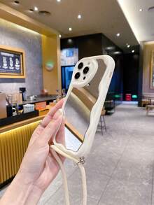 1pc Mirror + 1pc Rope + 1pc Fashionable Transparent Perforated Anti-Drop Cream Textured Phone Case Compatible With Apple,International Version, Not The Domestic Version - White - View 5