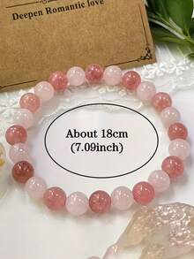 【脉轮平衡手链】天然玫瑰草莓石英波西米亚风爱心手链 - 女士及男女皆宜，平衡冥想节日饰品，全年佩戴 - 粉色 - 查看 4