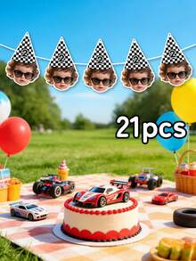7/14/21pc Custom Photo & Text Race Car Themed Birthday Banner,Checkered Party Hat Design Banner,Personalized Baby Face Photo Banner, Party Backdrop,Black & White Checkered Race Car Theme Birthday Banner - Multicolor - View 7