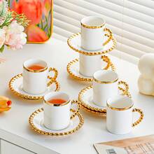 6pcs/Set 100ml+4.5inch Ceramic Cup & Saucer, Electroplated Gold Design, Luxury Minimalist Style Coffee/Tea Set, Suitable For Office, Living Room, Kitchen, Gift - White - View 4