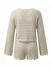 女士优雅镂空针织喇叭袖上衣，适合春夏海滩度假，可休闲搭配针织短裤，两件套 - 杏色 - 查看 2