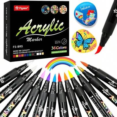 12/24/36色丙烯颜料笔，毛笔头（1-6毫米），丙烯颜料马克笔，适用于纺织品、画布、岩石、玻璃、木材、纸张、南瓜等材质，DIY艺术用品。返校用品，适合男孩女孩学生，返校及教师节礼物。