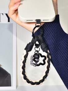 混色编织手机壳挂绳套装（黑色和卡其色尼龙编织），可拆卸腕带，镂空星星吊坠，手机挂件和钥匙扣，优雅创意包包配饰，春季礼物，生日派对礼物 - 黑卡其短繩+星星掛件 - 查看 7