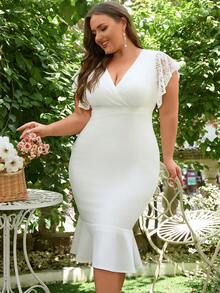 Women Plus Size Elegant Patchwork Mature Conservative Party Romantic Elegant Lace Ruffle Lace Patchwork Zipper Bridal Shower Wedding Dresses For Bachelorette Party Engagement Brunch Honeymoon Reception Rehearsal Wedding Party Cocktail Date Graduation Party Spring Summer Autumn - White - View 2