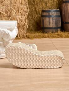 Hemp Rope Sole Wedge Thick Bottom Furball One-Strap Platform Fashion Women Shoes - Multicolor - View 4