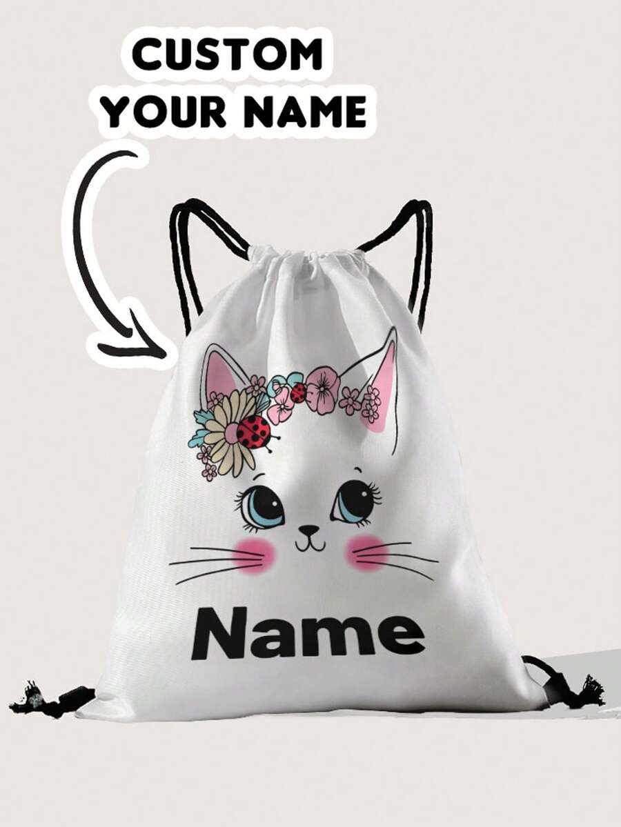 1pc Customized Name Cartoon Cat Pattern Drawstring Backpack, Can Be Customized According To Your Unique Design, Perfect For Children, Print Your Own Name Or Print Your Sister's And Classmates' Names As Gifts For Them