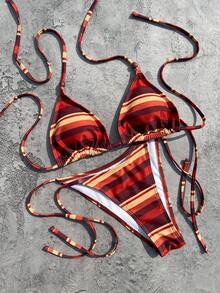 Women's Elegant Red & Orange Striped Halter Neck Swimsuit Set, Suitable For Spring/Summer Beach Vacation, Seaside Activities And Fashionable Festival Outfits - MultiWarna - View 7