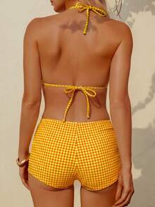 wohenmeili Bộ bikini buộc dây cổ kiểu Bohemian, bikini co giãn cao cấp, áo bơi tam giác buộc dây và quần lọt khe nhún bèo buộc dây bên hông dành cho nữ, đồ đi biển, đồ bơi nữ chất liệu kẻ caro đặc biệt cho kỳ nghỉ hè. - Lưới màu cam - Xem 10