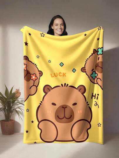 Soft Flannel Cartoon Capybara With Duck Print Throw Blanket - Digital Print Reversible Polyester Flannel, All-Season Cozy Blanket For Home Office Nap, Contemporary Style – Gift For Family And Friends