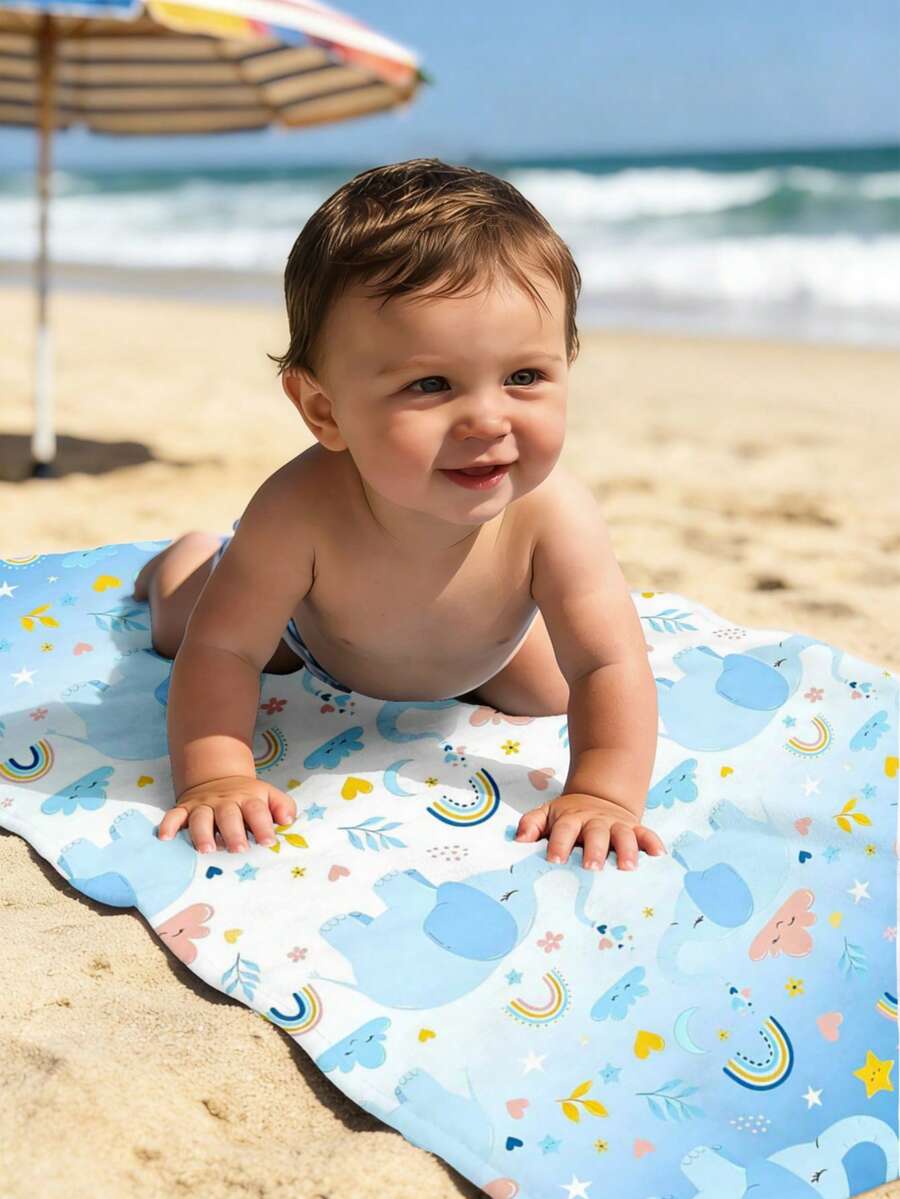 1PC Baby Beach Towel, Blue Elephant Rainbow Pattern Beach Towel, Made Of Polyester Material, 3D Printed, Suitable For Beach, Bathroom, Face Wiping, Swimming Pool, Gifts, Summer. - Multicolor - View 1