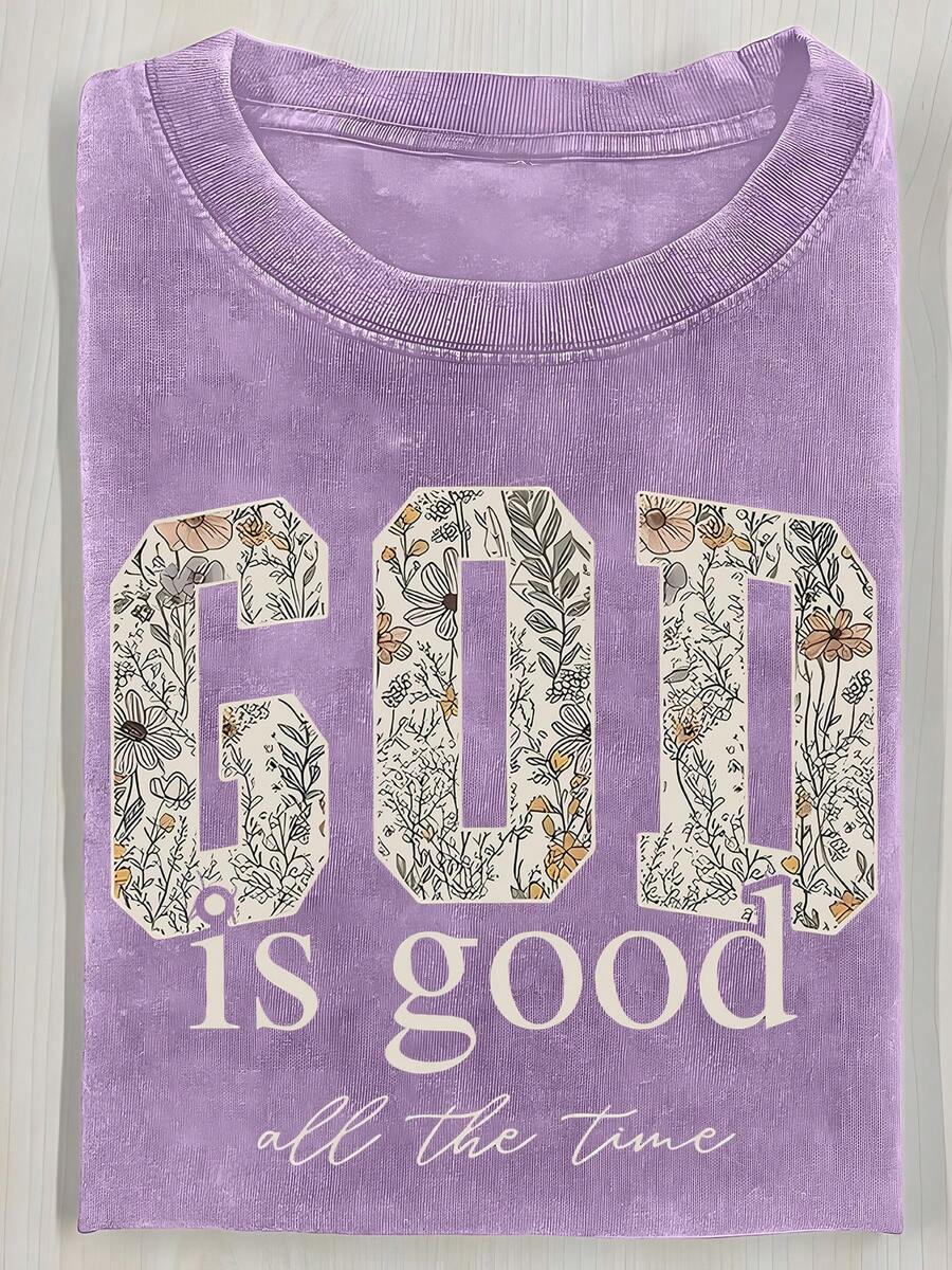 2026 Washed Cotton, GOD Floral Printed T-Shirt, High-Quality Batik Cotton Retro Fashion Brand T-Shirt, Women's T-Shirt, Women's Autumn T-Shirt, Hallow - 紫色 - 查看 1