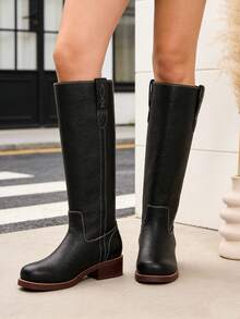 Women's Pull On Vintage Campus-Inspired Cowboy Boots Squared Toe Western Knee High Boots Fashionable Stacked Low Heels Booties - 黑色 - 查看 7