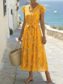 2026春夏女装黄色碎花A字中长连衣裙，休闲舒适成熟时尚假日派对连衣裙 - 彩色 - 查看 9