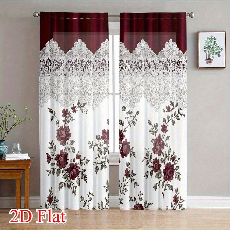 2D Flat, 2pcs Modern European Floral Curtains - Semi-Sheer Filtering Light Privacy Window Drapes With Burgundy Floral Pattern On White, Soft Textured Polyester Fabric, Light Filtering & Thermal Insulating Window Treatments For Living Room & Bedroom - Multicolor - View 1